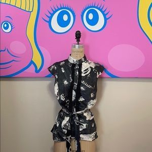 John Galliano Gray White Silk Ruffle Front Blouse